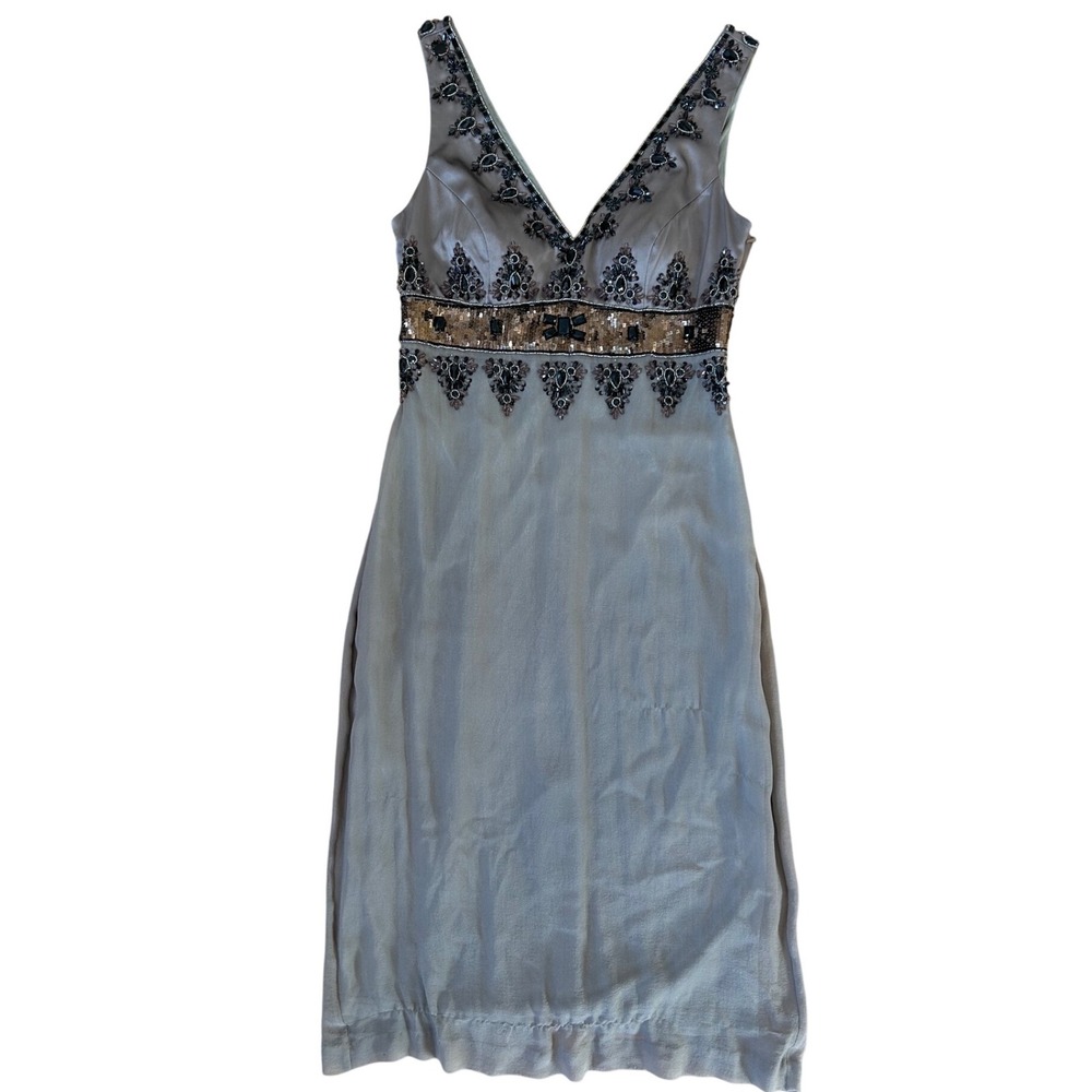 VTG Sue Wong Silk hand Beaded gray silver black formal‎ dress V neck 6